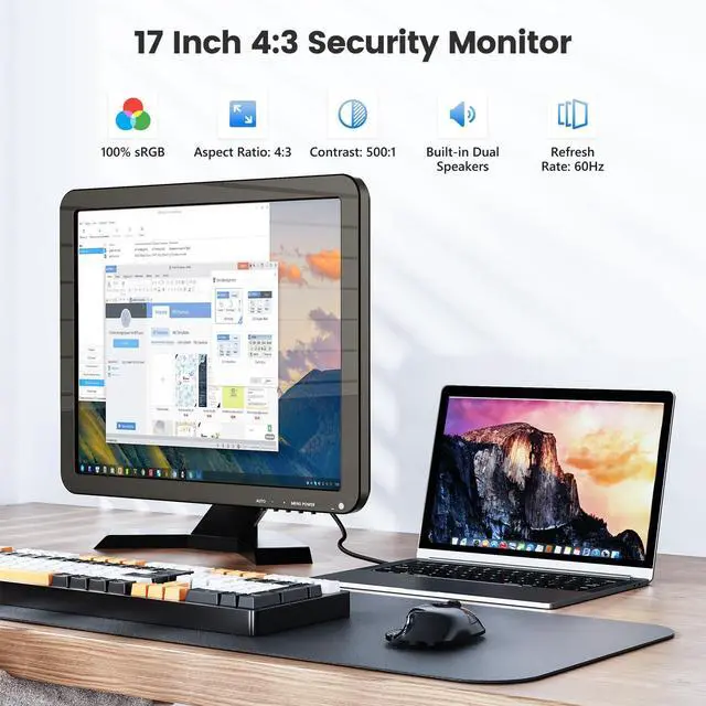 Alt view image 2 of 5 - Eyoyo 17 inch CCTV Monitor, 1280 x 1024 Security Camera Monitor LCD Screen with HDMI/VGA/BNC/AV/USB Ports, 100% sRGB Built-in Dual Speakers Metal Stand VGA Display for Camera PC DVR