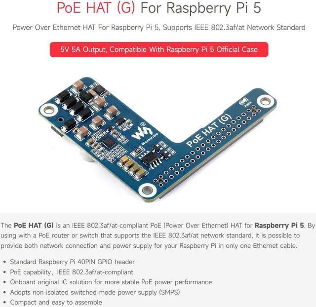 Alt view image 3 of 5 - Waveshare PoE HAT (G), Compatible with Raspberry Pi 5, 5V 5A Output, Stable Performance, Supports 802.3af/at Network Standard, Power Over Ethernet HAT (G), Comes with a Raspberry Pi 5 Official Case