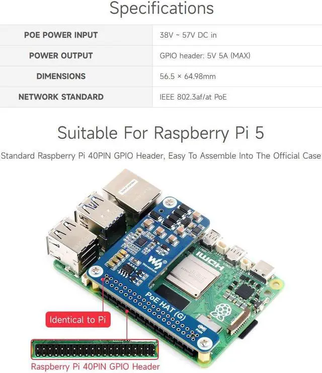 Alt view image 4 of 5 - Waveshare PoE HAT (G), Compatible with Raspberry Pi 5, 5V 5A Output, Stable Performance, Supports 802.3af/at Network Standard, Power Over Ethernet HAT (G), Comes with a Raspberry Pi 5 Official Case
