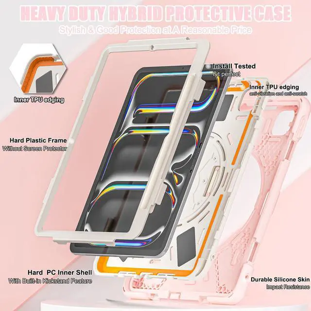 Alt view image 2 of 5 - Batianda Case for iPad Pro 13-inch (2024) M4 Chip Model A2925 Heavy Duty Rugged Durability Silicone Tablet Cover with 360deg Rotating Hand Strap Foldable Hidden Stand & Shoulder Strap, Pink