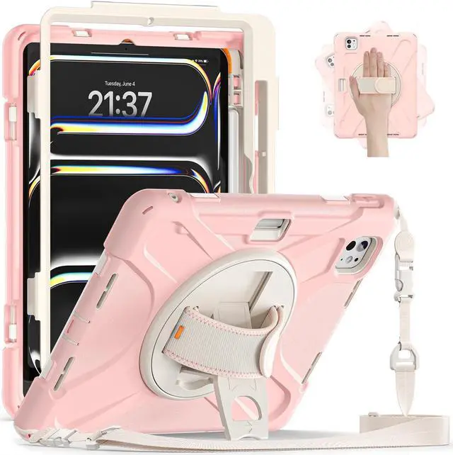 Main image of Batianda Case for iPad Pro 13-inch (2024) M4 Chip Model A2925 Heavy Duty Rugged Durability Silicone Tablet Cover with 360deg Rotating Hand Strap Foldable Hidden Stand & Shoulder Strap, Pink