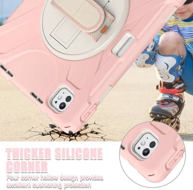 Alt view image 4 of 5 - Batianda Case for iPad Pro 13-inch (2024) M4 Chip Model A2925 Heavy Duty Rugged Durability Silicone Tablet Cover with 360deg Rotating Hand Strap Foldable Hidden Stand & Shoulder Strap, Pink