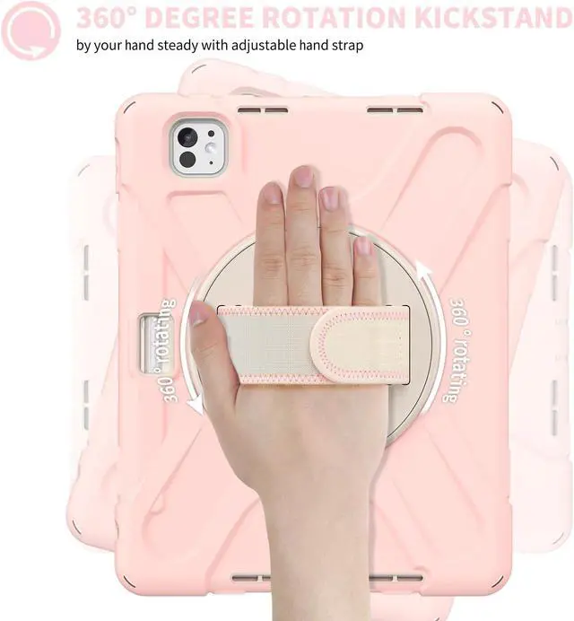 Alt view image 3 of 5 - Batianda Case for iPad Pro 13-inch (2024) M4 Chip Model A2925 Heavy Duty Rugged Durability Silicone Tablet Cover with 360deg Rotating Hand Strap Foldable Hidden Stand & Shoulder Strap, Pink