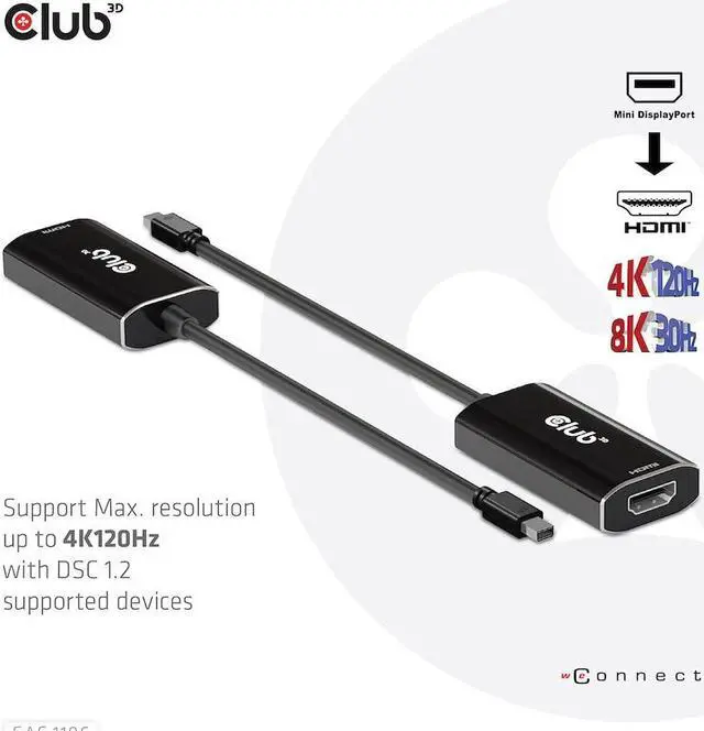 Alt view image 3 of 5 - Club 3D CAC-1186 Mini DisplayPort 1.4 to HDMI 4K120Hz/8K60Hz HDR Active Adapter M/F