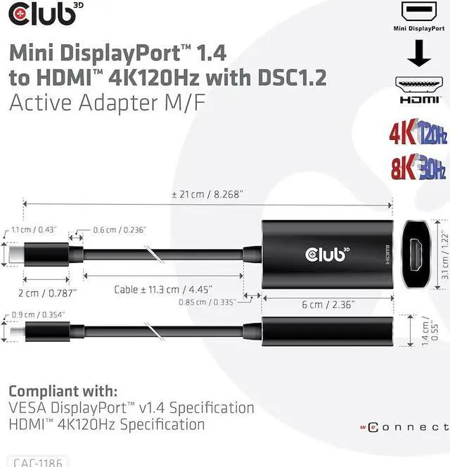 Alt view image 4 of 5 - Club 3D CAC-1186 Mini DisplayPort 1.4 to HDMI 4K120Hz/8K60Hz HDR Active Adapter M/F