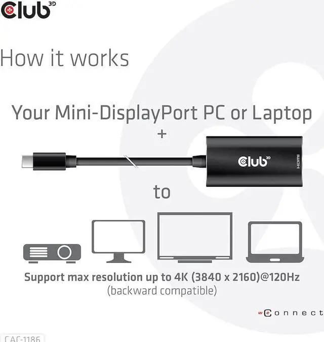 Alt view image 5 of 5 - Club 3D CAC-1186 Mini DisplayPort 1.4 to HDMI 4K120Hz/8K60Hz HDR Active Adapter M/F