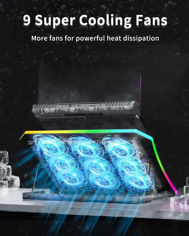 Alt view image 2 of 5 - KeiBn Upgraded Gaming Laptop Cooler Pad with 9 Quiet RGB Fans, Cooling Pad for 15.6-17.3 Inch Laptops with 7 Height Stands, 2 USB Ports, Phone Stand-Blue