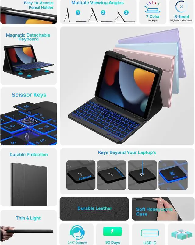 Alt view image 3 of 5 - typecase Folio iPad 9th Generation Case with Keyboard 10.2 Inch - Backlit Detachable Slim Cover with Pencil Holder, Compatible with iPad 8th/7th Gen, Pro 10.5, Air 3rd Gen (Black)