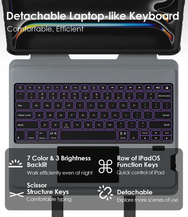 Alt view image 4 of 5 - Nillkin Carry Go Keyboard Case for iPad Pro 13 inch (M4) 2024 with Handle, Rugged Case with Detachable Keyboard for iPad Pro 13, Magic Trackpad, 7 Colors Backlit, Camera Cover, Black