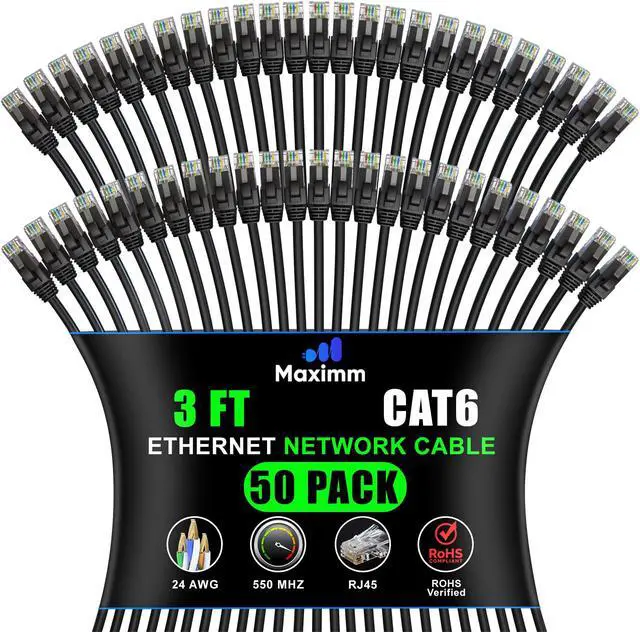 Main image of Maximm Cat 6 Ethernet Cable 3 Ft, (50-Pack) Cat6 Cable, LAN Cable, Internet Cable, Patch Cable and Network Cable - UTP (Black) 3 Feet ethernet Cord
