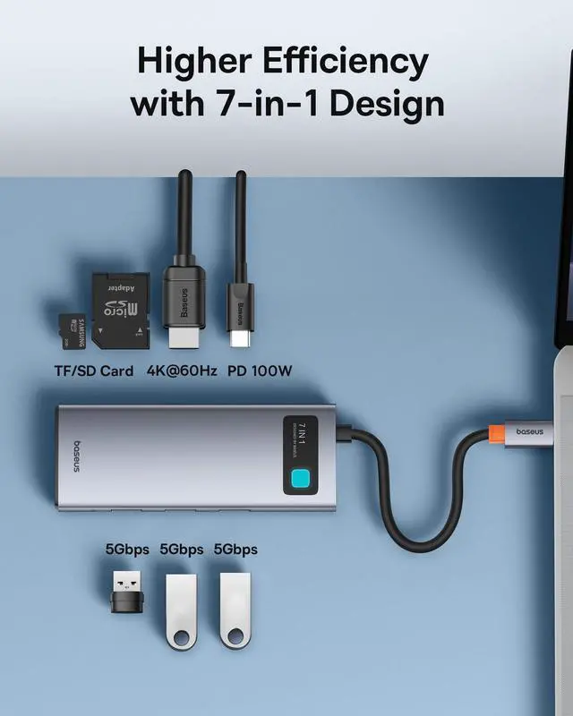 Alt view image 2 of 5 - Baseus 7 in 1 Laptop Docking Station and Baseus USB Type C Cable for Car, Retractable Cable(3FT) Curly USB A to USB-C Fast Charger Cord
