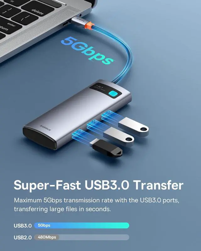 Alt view image 5 of 5 - Baseus 7 in 1 Laptop Docking Station and Baseus USB Type C Cable for Car, Retractable Cable(3FT) Curly USB A to USB-C Fast Charger Cord