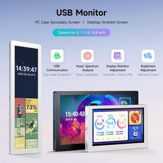 Alt view image 3 of 5 - Waveshare 8inch USB Monitor, 1280 x 800 Resolution, PC Case Secondary Screen/Desktop RGB Ambient Screen, IPS Panel, with Music Spectrum Analysis Function, Type-C Interface, CNC Metal Case, Silver