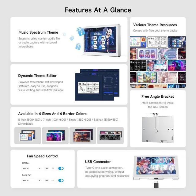Alt view image 4 of 5 - Waveshare 8inch USB Monitor, 1280 x 800 Resolution, PC Case Secondary Screen/Desktop RGB Ambient Screen, IPS Panel, with Music Spectrum Analysis Function, Type-C Interface, CNC Metal Case, Silver