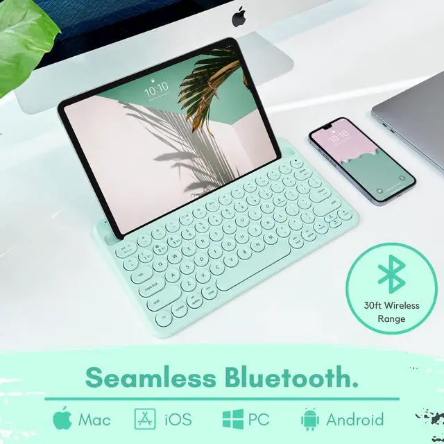Alt view image 2 of 5 - Macally Bluetooth Keyboard for Tablet | Wireless Keyboard for iPad | iPhone Keyboard (Multi-Device, Built-in Stand, Rechargeable) Easy to Use and Cute Portable Keyboard - Mint Green