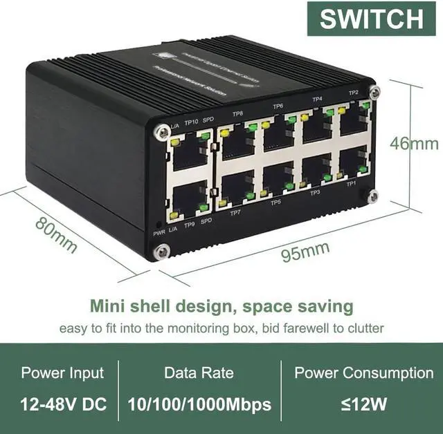 Alt view image 2 of 5 - 10-Port Gigabit Ethernet Switch - Industrial-Grade Unmanaged Network Hub with Din-Rail or Wall Mount, Full Duplex Desktop,Fast Connection,Plug and Play, Rugged Metal Case, Wide Temperature Range
