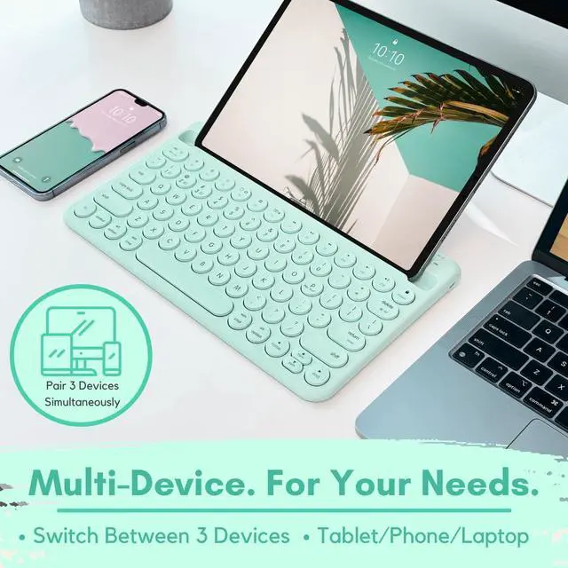Alt view image 3 of 5 - Macally Bluetooth Keyboard for Tablet | Wireless Keyboard for iPad | iPhone Keyboard (Multi-Device, Built-in Stand, Rechargeable) Easy to Use and Cute Portable Keyboard - Mint Green
