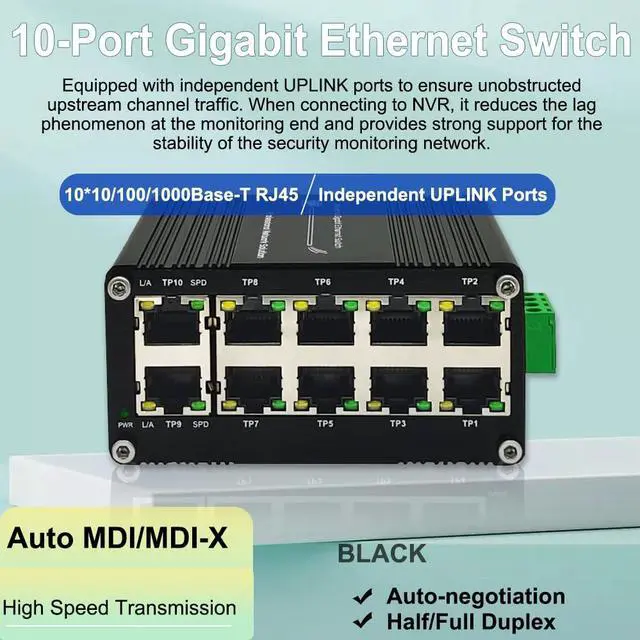 Alt view image 3 of 5 - 10-Port Gigabit Ethernet Switch - Industrial-Grade Unmanaged Network Hub with Din-Rail or Wall Mount, Full Duplex Desktop,Fast Connection,Plug and Play, Rugged Metal Case, Wide Temperature Range