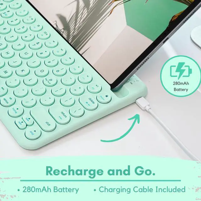 Alt view image 5 of 5 - Macally Bluetooth Keyboard for Tablet | Wireless Keyboard for iPad | iPhone Keyboard (Multi-Device, Built-in Stand, Rechargeable) Easy to Use and Cute Portable Keyboard - Mint Green