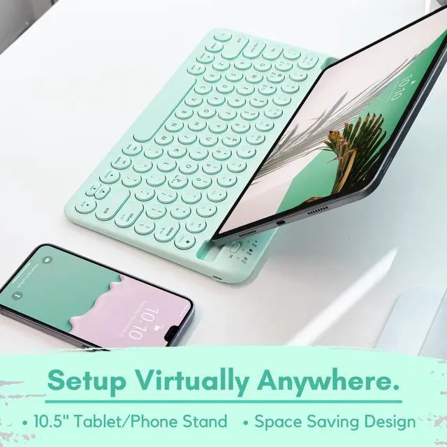 Alt view image 4 of 5 - Macally Bluetooth Keyboard for Tablet | Wireless Keyboard for iPad | iPhone Keyboard (Multi-Device, Built-in Stand, Rechargeable) Easy to Use and Cute Portable Keyboard - Mint Green