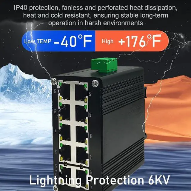 Alt view image 4 of 5 - 10-Port Gigabit Ethernet Switch - Industrial-Grade Unmanaged Network Hub with Din-Rail or Wall Mount, Full Duplex Desktop,Fast Connection,Plug and Play, Rugged Metal Case, Wide Temperature Range