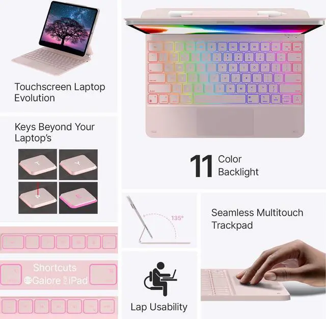 Alt view image 3 of 5 - typecase Keyboard Case for iPad Air 13(M3 2025 / M2 2024) and iPad Pro 12.9(6th/5th//4th/3rd Gen,Magic Keyboard with 11-Colors Backlight,Built-in Trackpad,Function Row,Pencil Holder,Light Royal Pink