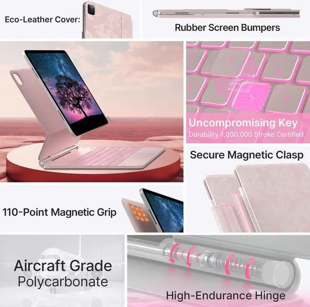 Alt view image 4 of 5 - typecase Keyboard Case for iPad Air 13(M3 2025 / M2 2024) and iPad Pro 12.9(6th/5th//4th/3rd Gen,Magic Keyboard with 11-Colors Backlight,Built-in Trackpad,Function Row,Pencil Holder,Light Royal Pink