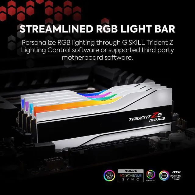 Alt view image 3 of 5 - G.SKILL Trident Z5 Neo RGB Series (AMD Expo) DDR5 RAM 32GB (2x16GB) 6000MT/s CL28-36-36-96 1.40V Desktop Computer Memory UDIMM - Matte White (F5-6000J2836G16GX2-TZ5NRW)