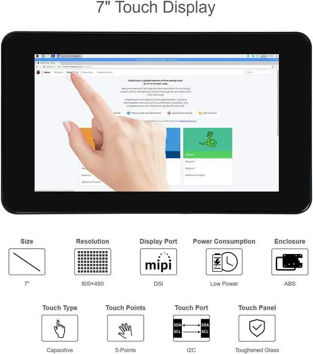 Alt view image 4 of 5 - Waveshare 7 Inch DSI LCD Screen with Case for Raspberry Pi 4B, 800x480 Capacitive Touch Screen Monitor Support Raspbian/Ubuntu/Kali/Win 10 IoT