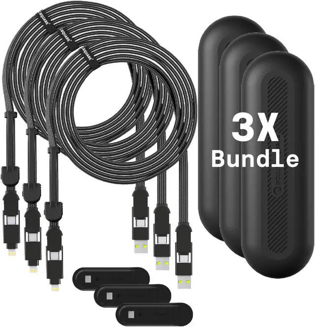 Main image of Rolling Square New inCharge XL 6-in-1, (3X Pack) Multi Charging Cable 100W Ultra-Fast Charging, Portable USB and USB-C Cable, 10Ft/3m, Black