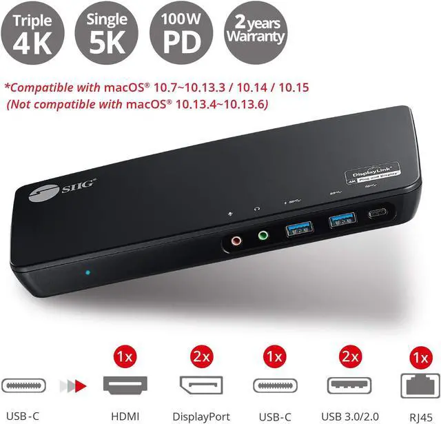 Alt view image 2 of 5 - SIIG USB Type C 4K Triple Monitor Docking Station - Triple 4K@60Hz or Single 5K@60Hz Video Laptop Dock with 85W Charging - 1x HDMI, 2x DisplayPort, 5x USB Ports for Windows PC & MacBook (JU-DK0B11-S1)