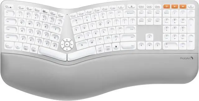 Main image of ProtoArc Backlit Bluetooth Ergonomic Keyboard, EK01 Plus Full Size Wireless Split Keyboard with Dual Bluetooth and USB, Cushioned Wrist Rest, Rechargeable, Compatible with Windows/Mac/Android, White