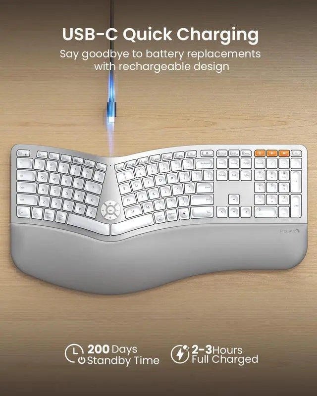 Alt view image 5 of 5 - ProtoArc Backlit Bluetooth Ergonomic Keyboard, EK01 Plus Full Size Wireless Split Keyboard with Dual Bluetooth and USB, Cushioned Wrist Rest, Rechargeable, Compatible with Windows/Mac/Android, White