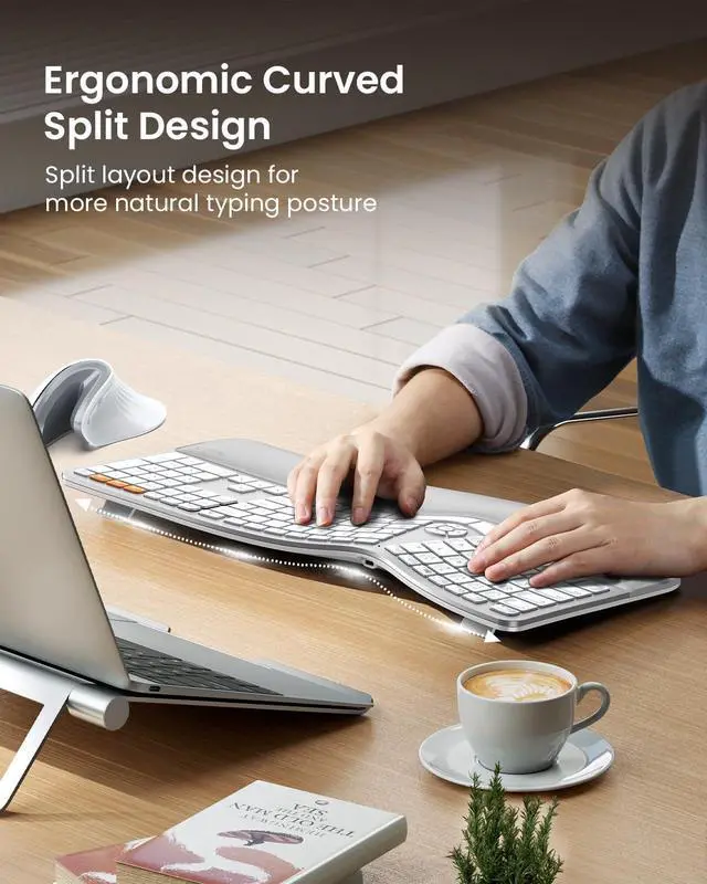 Alt view image 4 of 5 - ProtoArc Backlit Bluetooth Ergonomic Keyboard, EK01 Plus Full Size Wireless Split Keyboard with Dual Bluetooth and USB, Cushioned Wrist Rest, Rechargeable, Compatible with Windows/Mac/Android, White