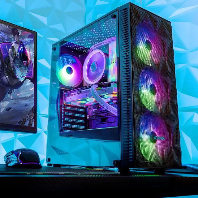 Alt view image 5 of 5 - MOROVOL PC Case Pre-Install 4 RGB Fans, ATX Gaming Computer Case with Diamond-Shaped Mesh Front & Tempered Glass Side Panel, USB 3.0 Airflow Mid Tower case,621