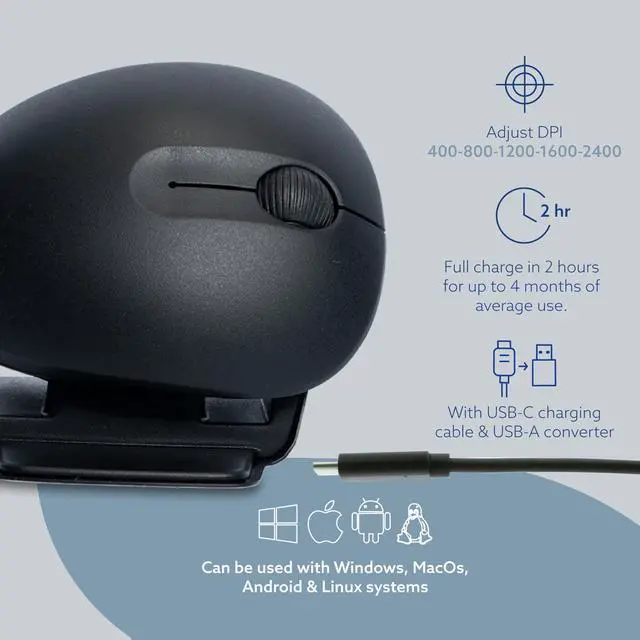 Alt view image 5 of 5 - R-Go Twister Ambidextrous Mouse, Ergonomic Vertical, with Break Software, Duo Connection(Bluetooth&USB C), Silent Click, Prevention Mouse Arm, Rechargeable Wireless Mouse for Windows/Mac/Linux, Black