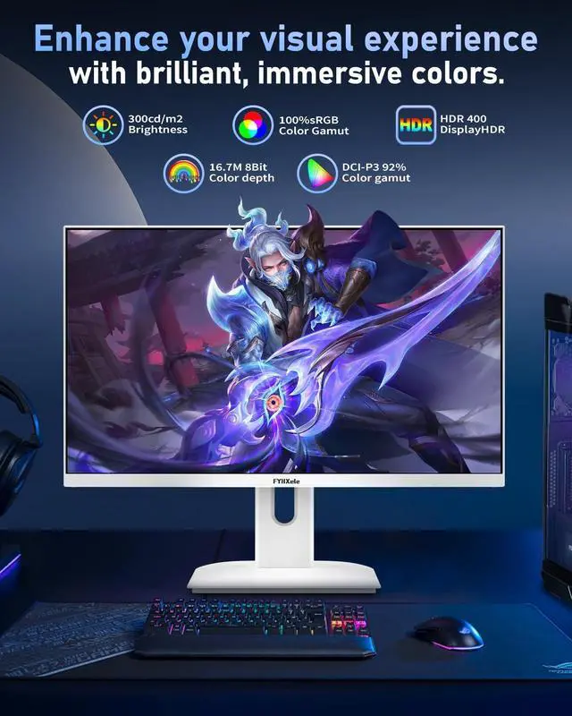 Alt view image 3 of 5 - FYHXele 27 inch Gaming Monitor, 165Hz Computer Monitor FHD 1080P Fast IPS Panel Pc Monitor, sRGB100%,1ms, DisplayPort/HDMI/Eye Care/Wall Mount Compatible-White
