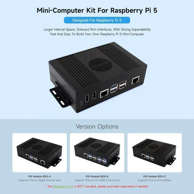 Alt view image 3 of 5 - waveshare M.2 NVME PCIE Case for Raspberry Pi 5, with 2X HDMI Ports, Support 2X 4K Video Output/Efficient Cooling, Aluminum Alloy Case, with PCIe to M.2 Board, Support PCIe Extending to M.2 Interface