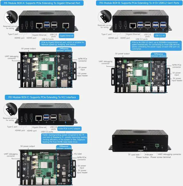 Alt view image 4 of 5 - waveshare M.2 NVME PCIE Case for Raspberry Pi 5, with 2X HDMI Ports, Support 2X 4K Video Output/Efficient Cooling, Aluminum Alloy Case, with PCIe to M.2 Board, Support PCIe Extending to M.2 Interface