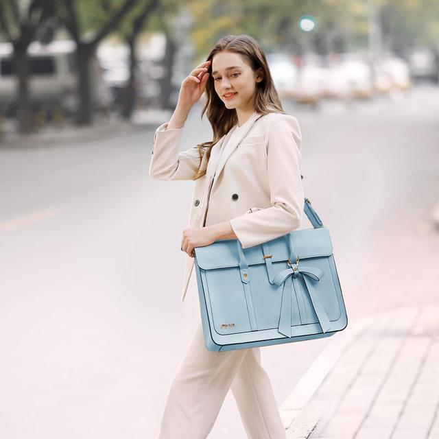 Alt view image 4 of 5 - MOSISO Laptop Bag for Women, 13-14 inch PU Leather Laptop Shoulder Bag Convertible Backpack, 13.3 inch Messenger Bag Casual Handbag Work Briefcase Travel Computer Bag with Bowknot, Air Blue