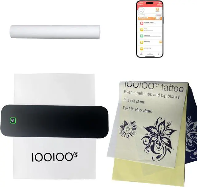 Main image of IOOIOO Portable Printer, Wireless Inkless Bluetooth Thermal Printer for Tattoo Stencil Transfer Paper, for 8.5 x 11 Letter, A4 Rolled & Folded Thermal Paper (Black, Without Carrying Case)