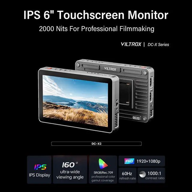 Alt view image 2 of 5 - VILTROX DC-X FHD 2000Nits 6" Touchscreen Camera Field Monitor, 4K HDMI DSLR with Sunshade Hood, Battery, Storage Bag(DC-X2, HDMI)