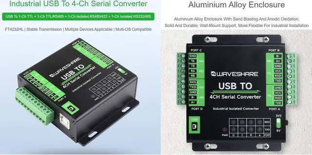 Alt view image 2 of 5 - waveshare Industrial USB to 4-CH, USB to RS232/485/422/TTL Serial Converter, Adopts FT4232HL Chip, Support Linux, Android, Windows 11/10 / 8.1/8 / 7, Safer Isolated Design