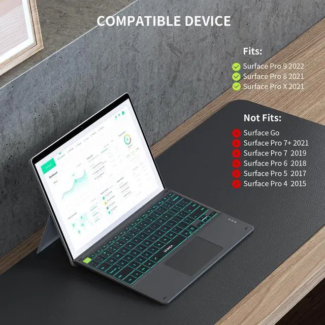 Alt view image 2 of 5 - Seenda Backlit Keyboard with Touchpad for Surface Pro 8/9/Pro X, Detachable Slim Bluetooth 5.2 Keyboard with Multi-Gesture Trackpad for Microsoft Surface Pro 8/9/X 13-inch Tablet, Grey
