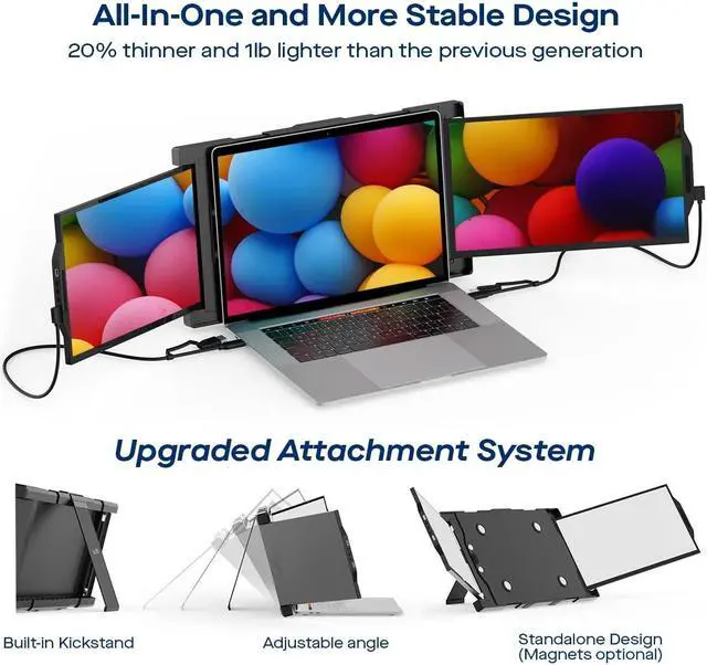 Alt view image 2 of 5 - Portable Monitor - Mobile Pixels 13.3'' Trio Monitor for 13''-14'' Laptops with Built-in Kickstand, 1080P Full HD IPS Triple Screen, USB A/Type-C Plug and Play, Windows/Android/Mac (Optional Magnets)