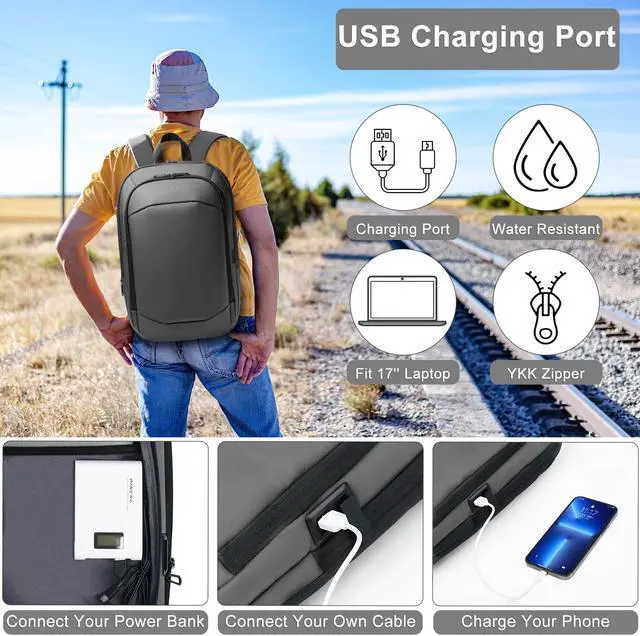 Alt view image 2 of 5 - hk Business Backpack for Men 17 Inch,Slim & Expandable Waterproof Travel Laptop Backpack with USB Charger Port (Dark Grey)
