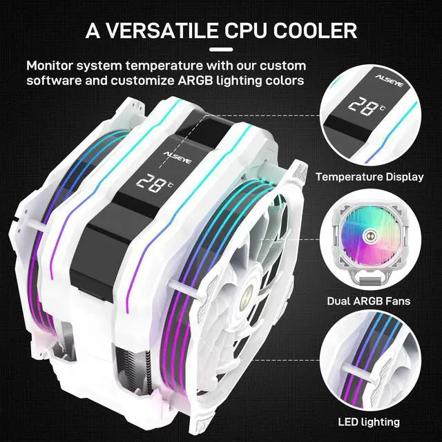 Alt view image 2 of 5 - ALSEYE M120D Plus CPU Cooler with Temperature Display, Dual ARGB & PWM Fans, 6 Copper Heat Pipes - Compatible with Intel LGA1700/1200/115X/2011/2066/1366 and AMD AM4/AM5 - Easy Installation - White