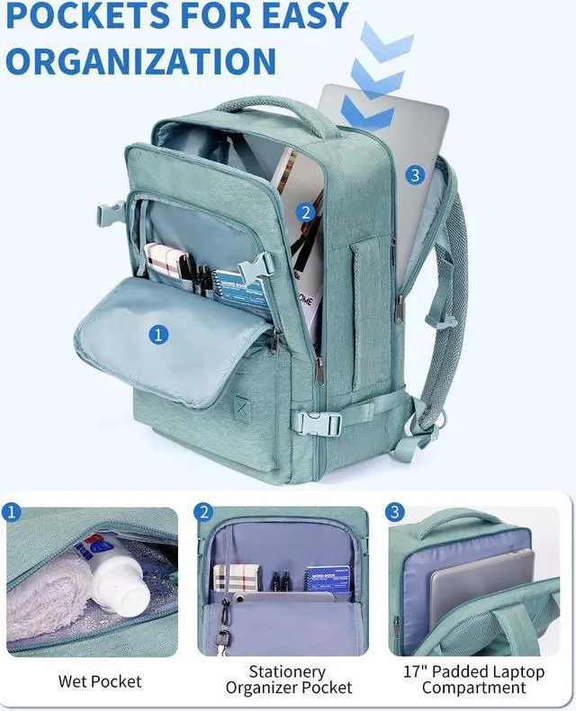 Alt view image 3 of 5 - WANDF Travel Backpack For Spirit Airlines Personal Item Bag 18x14x8 with Wet Pocket, 17 Inch Laptop Backpack for Men Women (Turquoise)