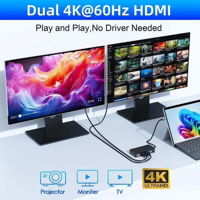 Alt view image 2 of 5 - 12 in 1 Microsoft Surface Dock USB C with 100W Power Supply - 2 Year Warranty - Microsoft Surface Pro Docking Station with Dual 4K HDMI+VGA for Surface Pro 11/10/9/8/X/7+/7,Surface Laptop, Surface Go