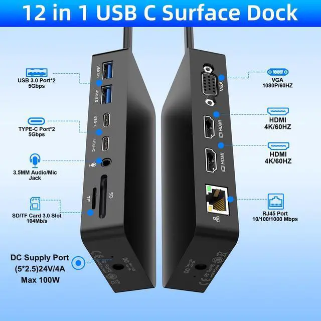 Alt view image 3 of 5 - 12 in 1 Microsoft Surface Dock USB C with 100W Power Supply - 2 Year Warranty - Microsoft Surface Pro Docking Station with Dual 4K HDMI+VGA for Surface Pro 11/10/9/8/X/7+/7,Surface Laptop, Surface Go